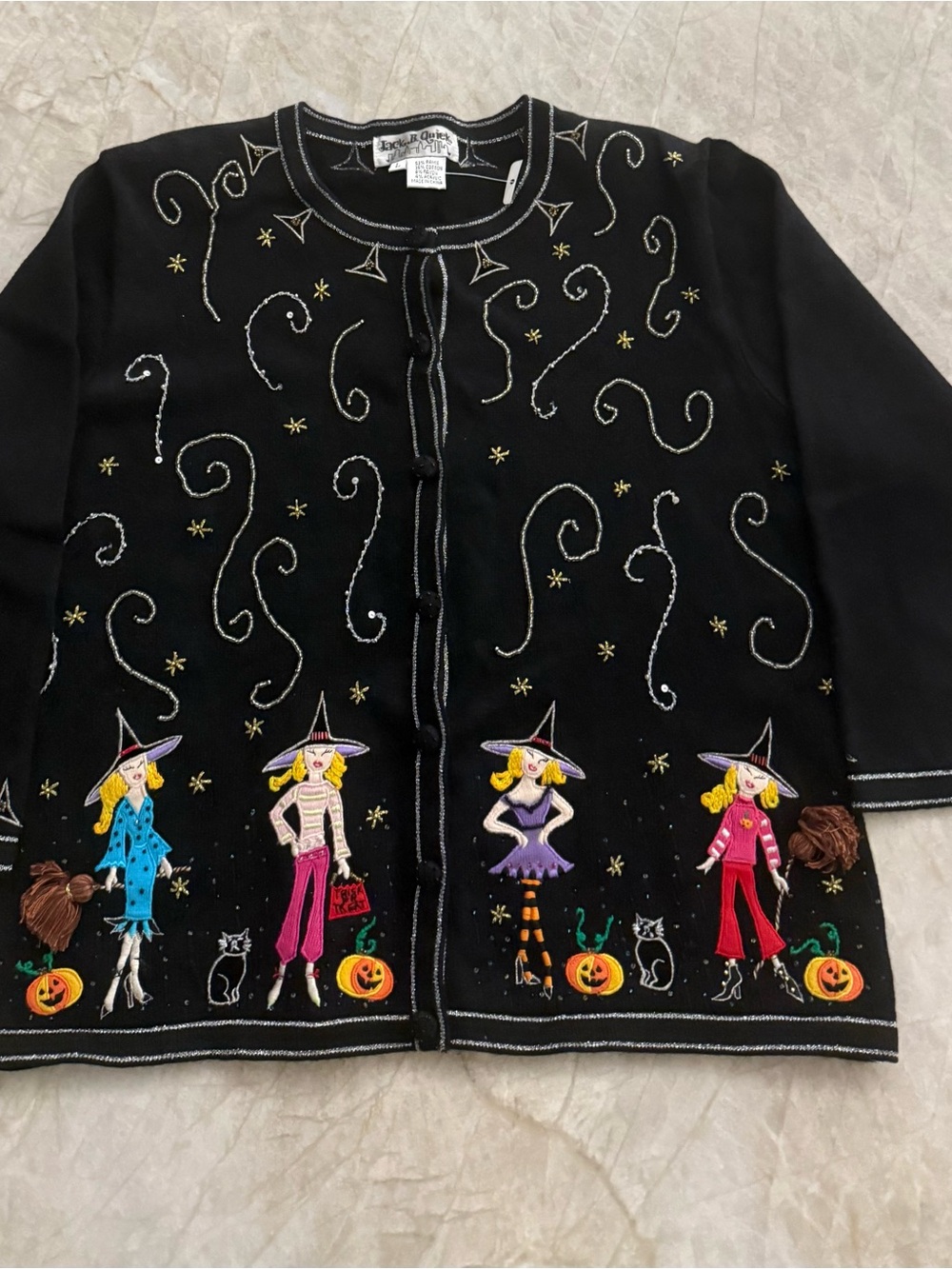 Jack B Quick Black Halloween Witch Cardigan with Embroidered Witch Appliqués